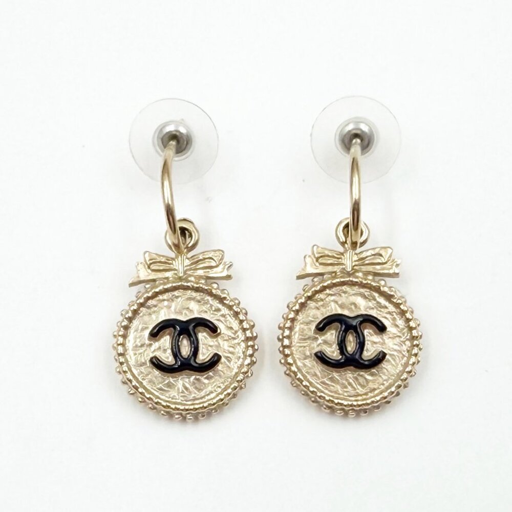 Chanel Black CC Gold Ribbon Button Large Hoop Earrings